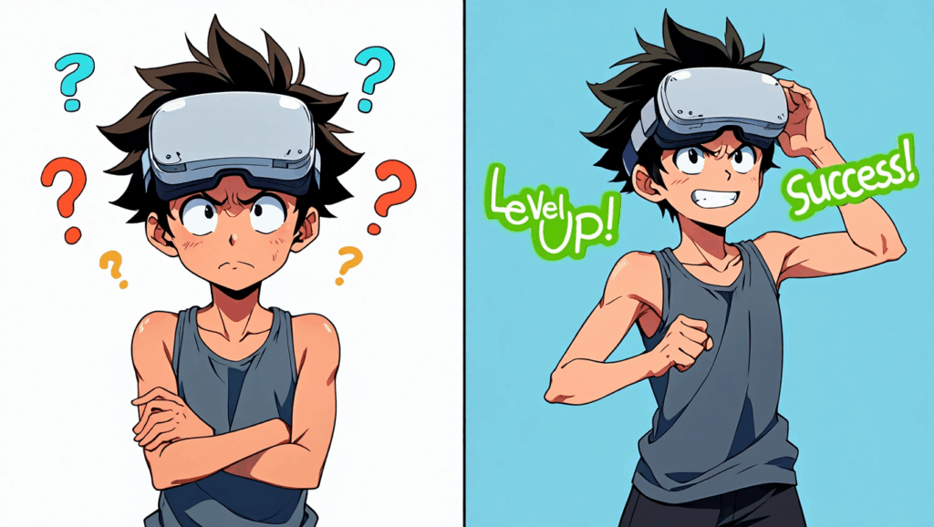 Anime character's transformation from a confused VR fitness beginner to a confident player, overcoming common mistakes.